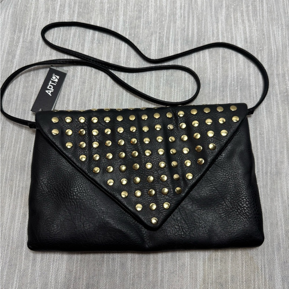 APT. 9 Crossbody or clutch purse, black with gold grommets removable strap NWT.